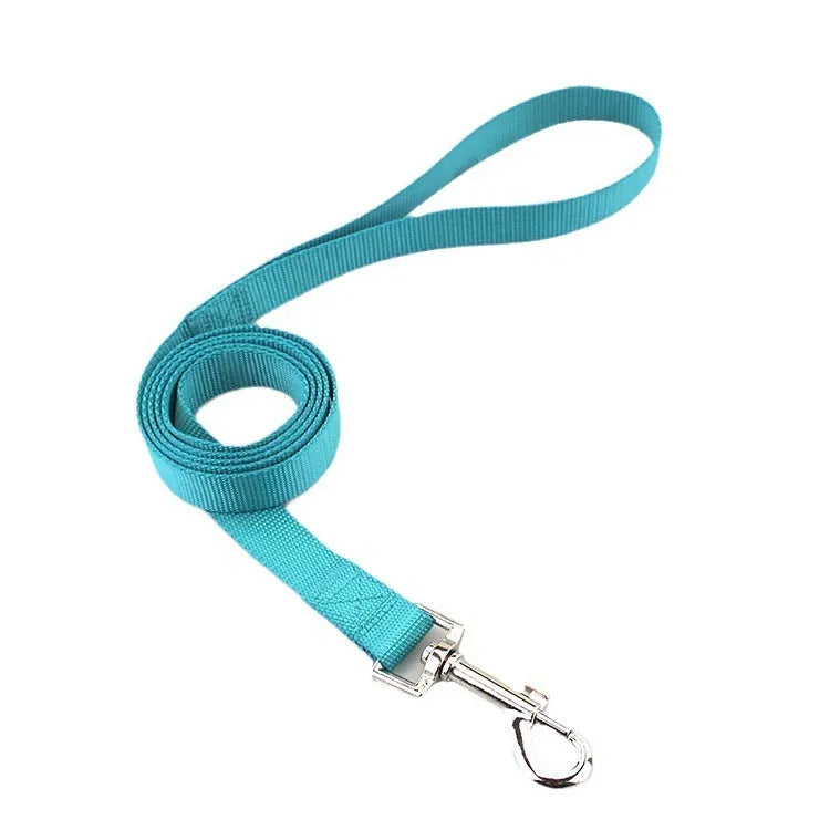 Solid colour nylon dog lead shown in various colours with hand-holding rope design