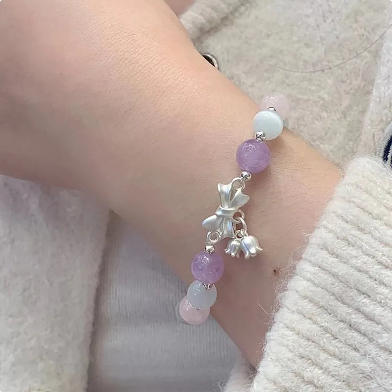 Lavender purple bowknot bracelet with 10mm opal crystal centrepiece for women