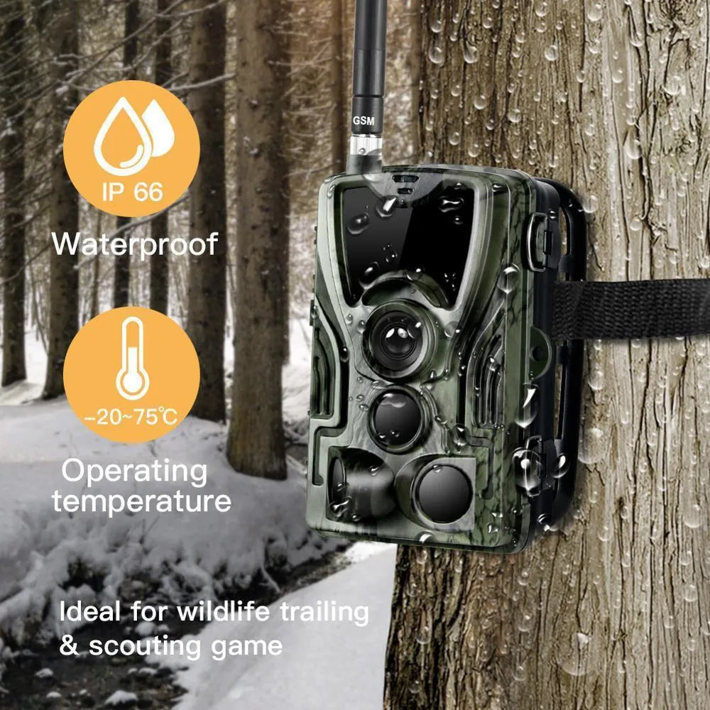 Green cellular trail camera for hunting with 16MP sensor, night vision, and IP65 waterproof rating