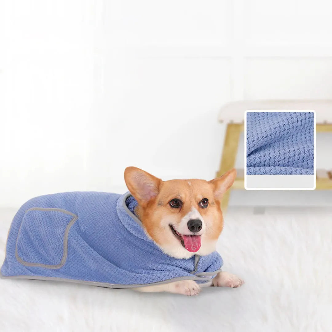 Blue dog bath robe towel with adjustable waistband shown on dog model
