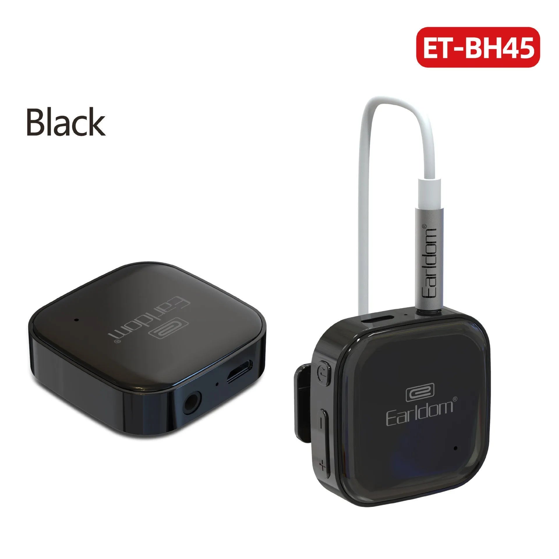 Black Bluetooth lavalier headset with earpiece and control unit, shown with packaging.