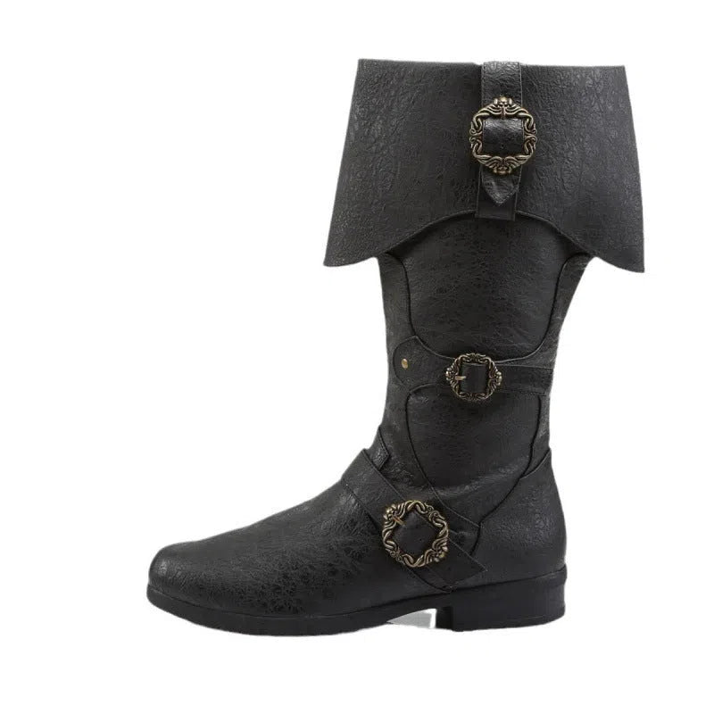 Medieval Renaissance cosplay boots with chunky heel, high shaft, and slip-on style in black, dark brown, or tan
