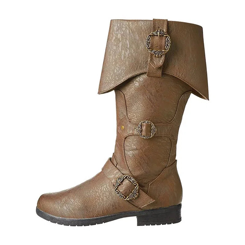 Medieval Renaissance cosplay boots with chunky heel, high shaft, and slip-on style in black, dark brown, or tan