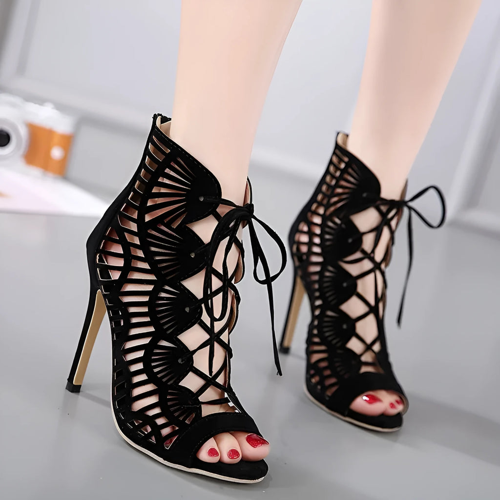 Black suede lace high heels Roman style stiletto over-knee boots with fish mouth toe