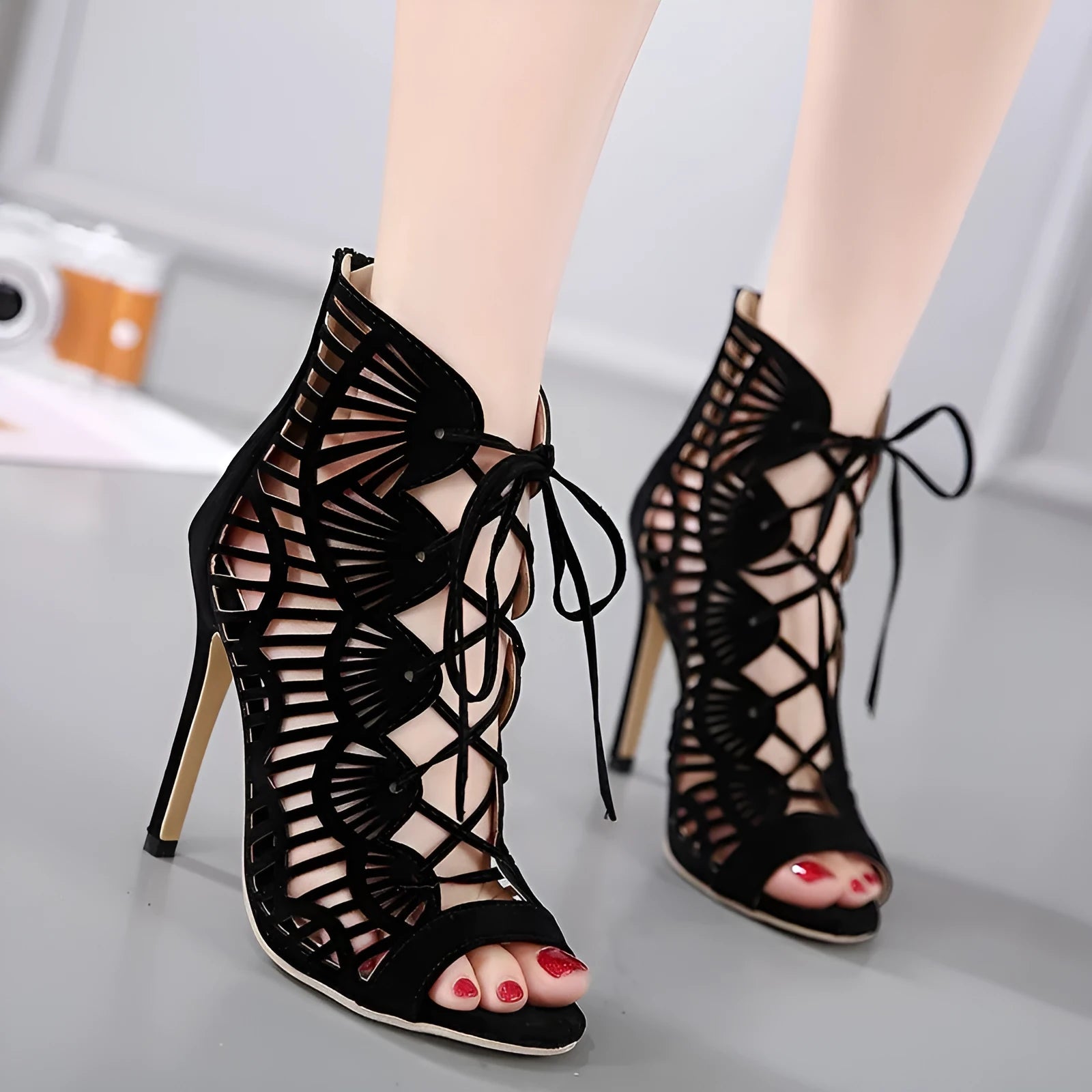 Black suede lace high heels Roman style stiletto over-knee boots with fish mouth toe