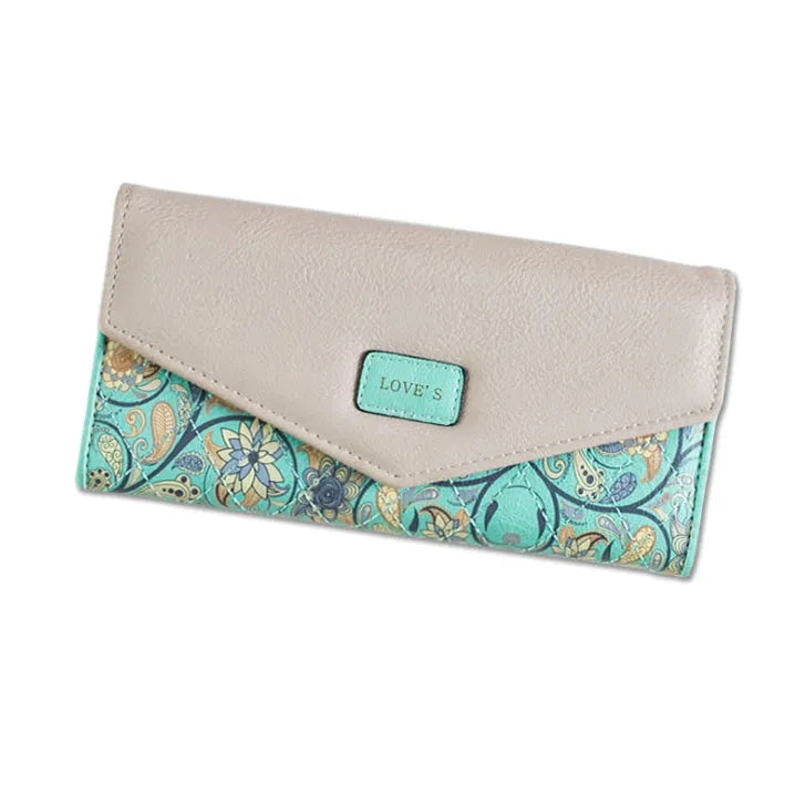A folded black PU leather wallet with a buckle closure, showing multiple card slots and compartments inside.