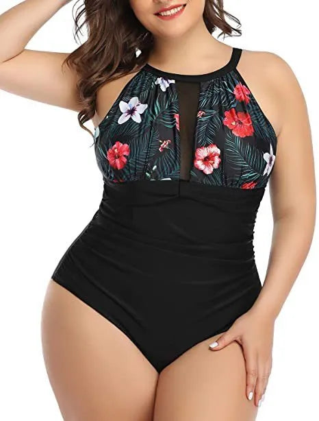 Women's black lace one-piece swimsuit on a hanger showing the front design