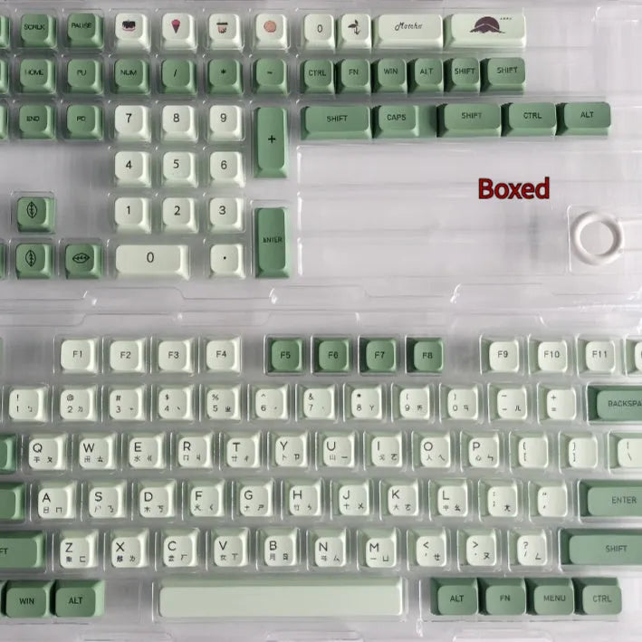 Set of 124 matcha green PBT keycaps with white legends for a mechanical keyboard