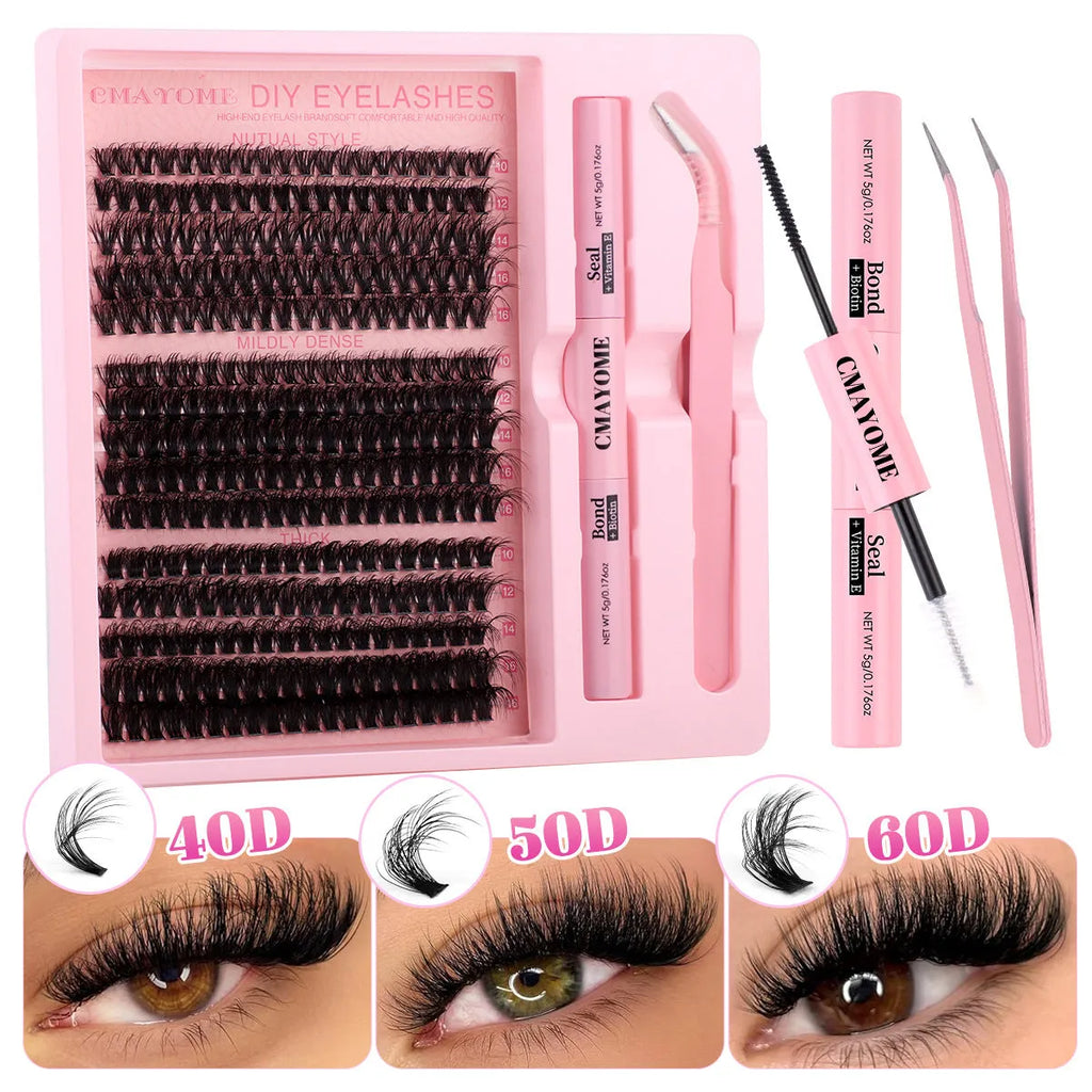 DIY false eyelashes extension suit with cluster lashes and metal tweezers