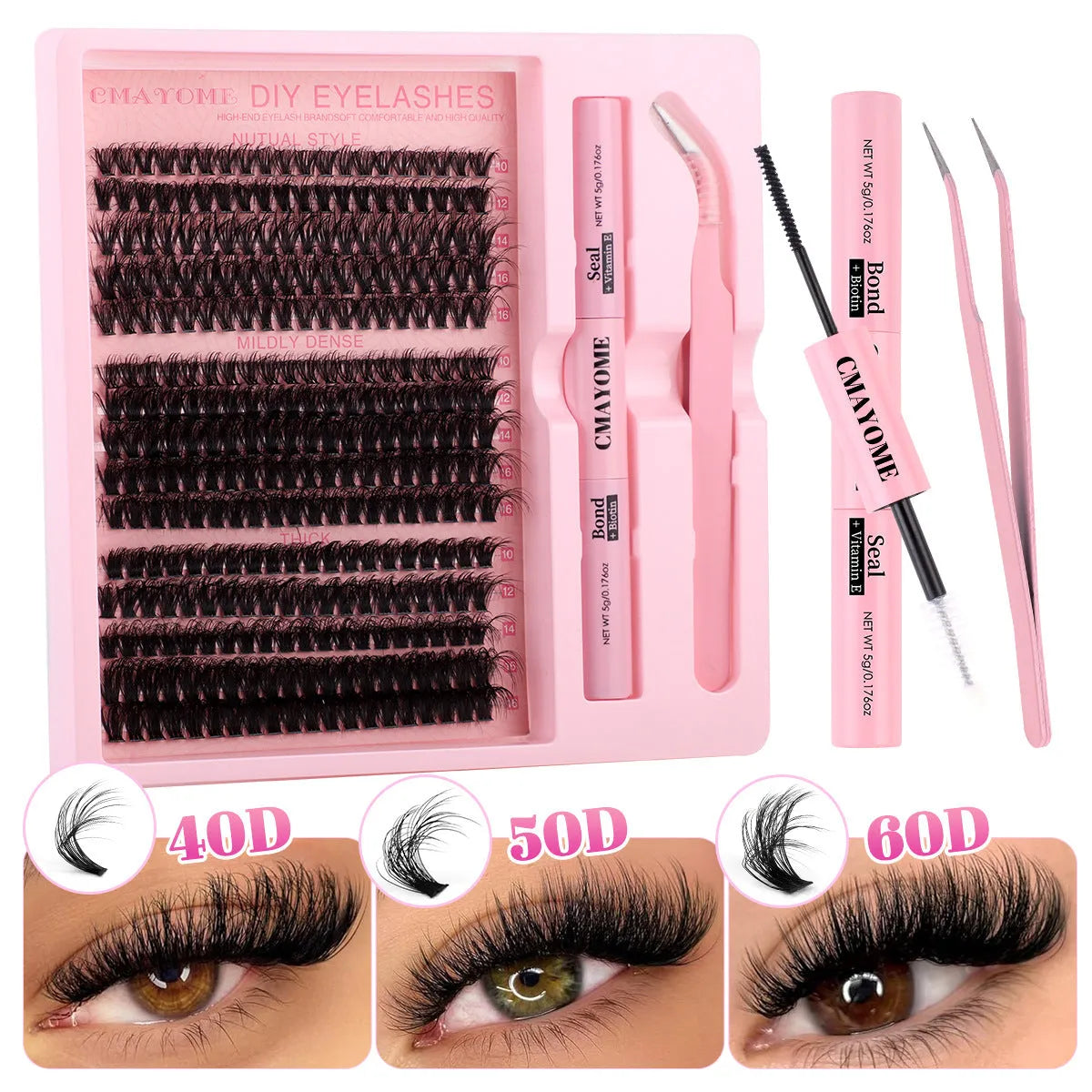 DIY false eyelashes extension suit with cluster lashes and metal tweezers