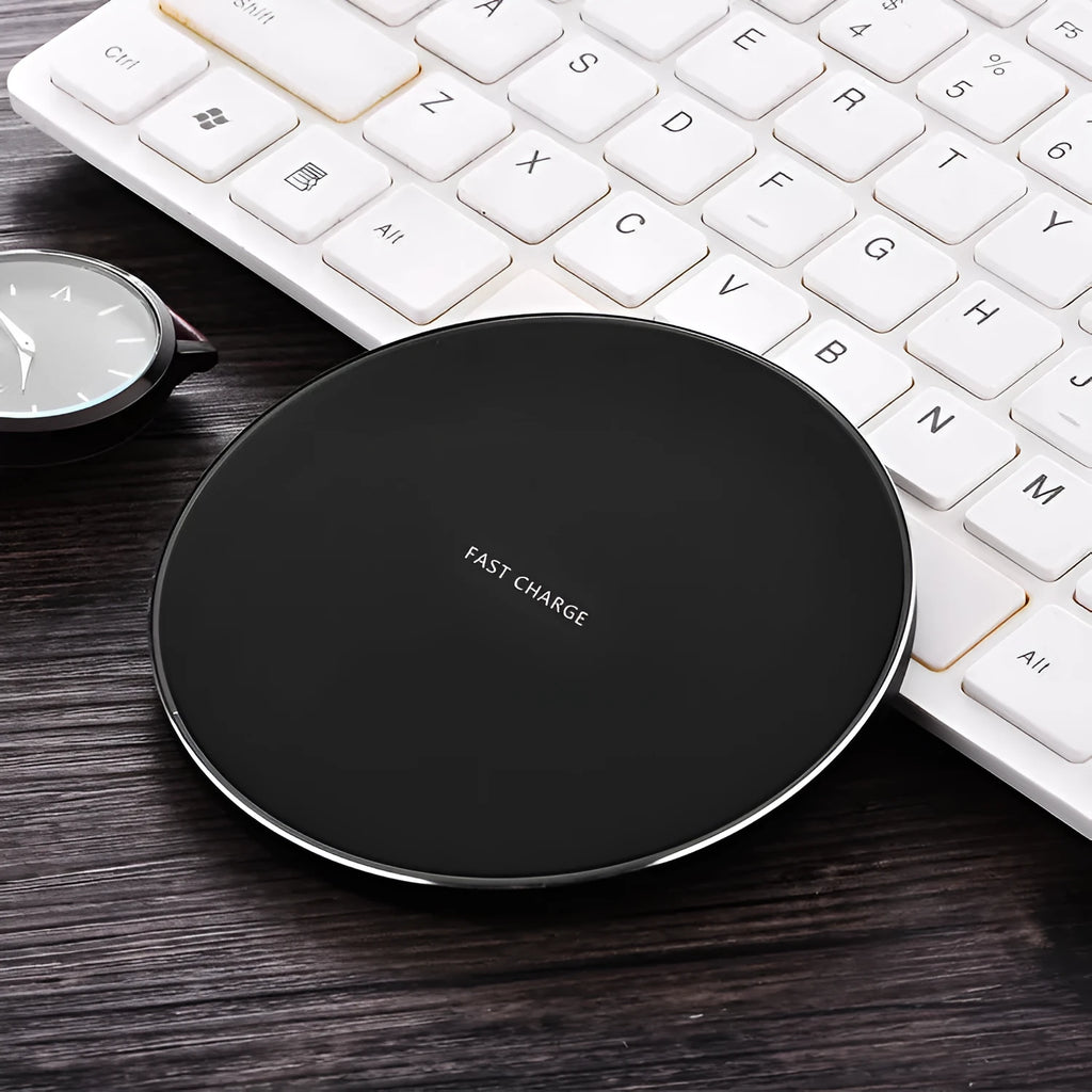 Ultra-thin square Qi wireless charging pad in black, red, white, or yellow colour.