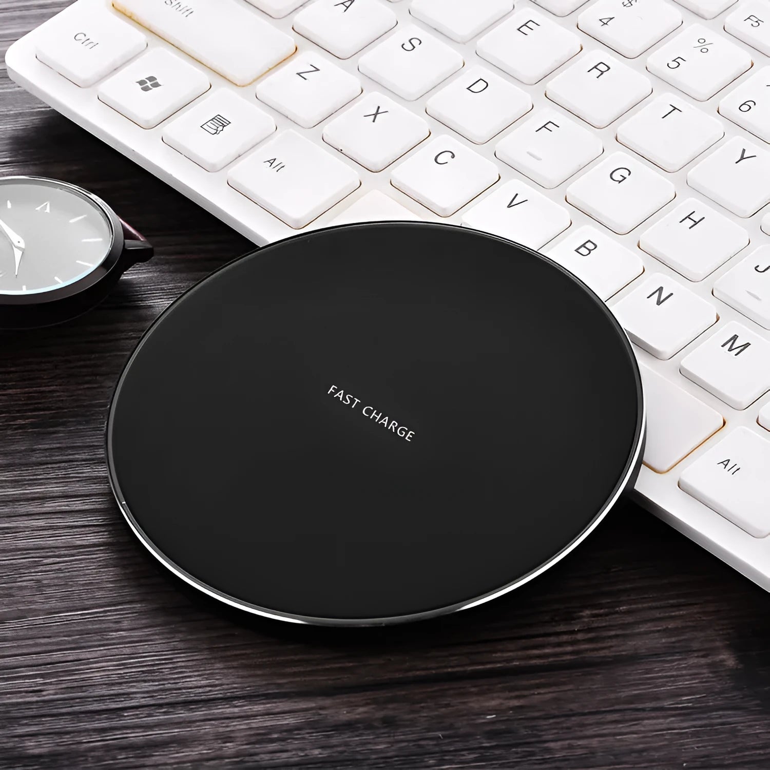 Ultra-thin square Qi wireless charging pad in black, red, white, or yellow colour.