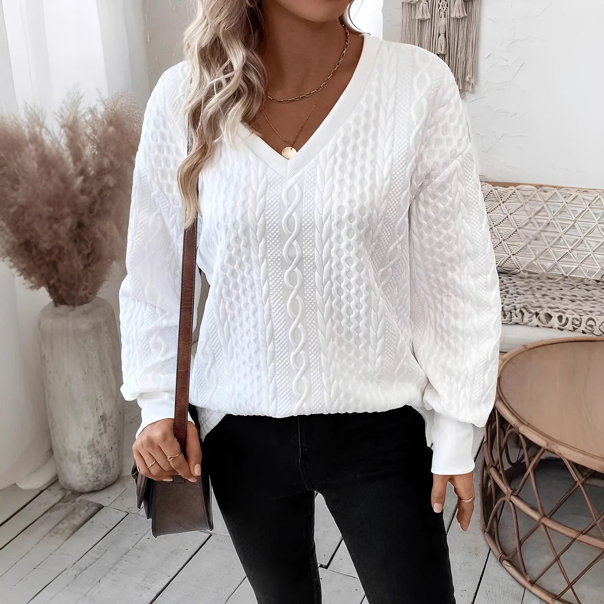 Milky white loose fit long sleeve T-shirt with 3D pattern in Japanese Korean style