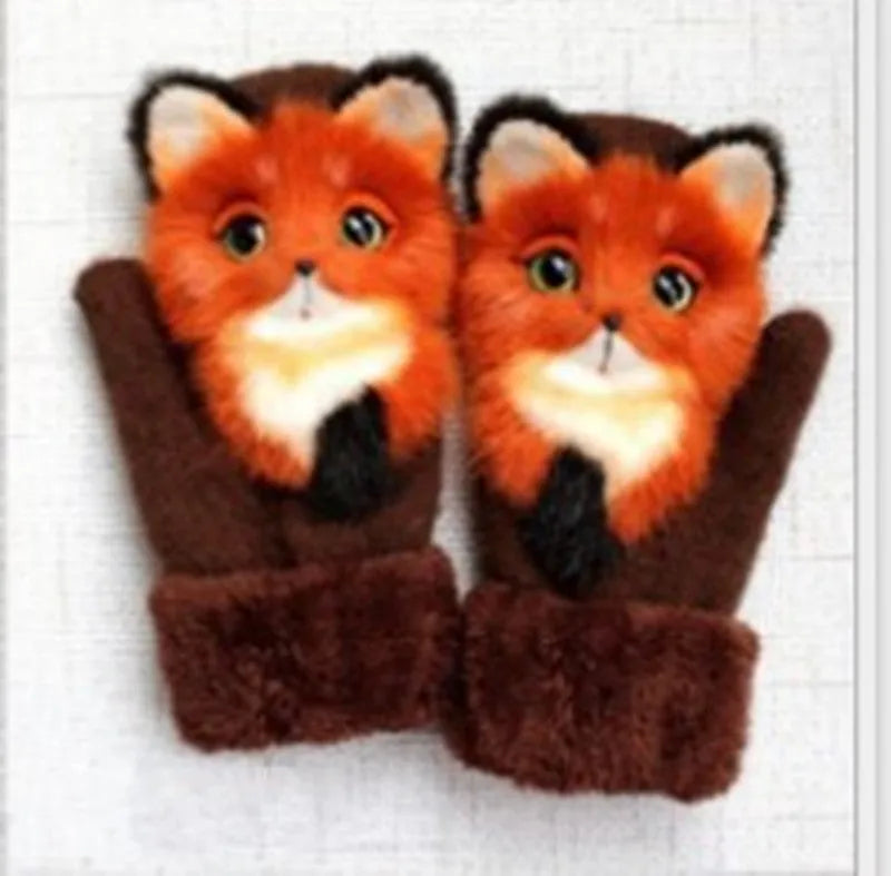 Cartoon animal fleece lined childrens knitted mittens 28cm total length one size