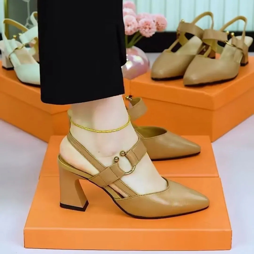 Women's apricot coloured closed toe leather sandals with a chunky heel and oversleeve back.