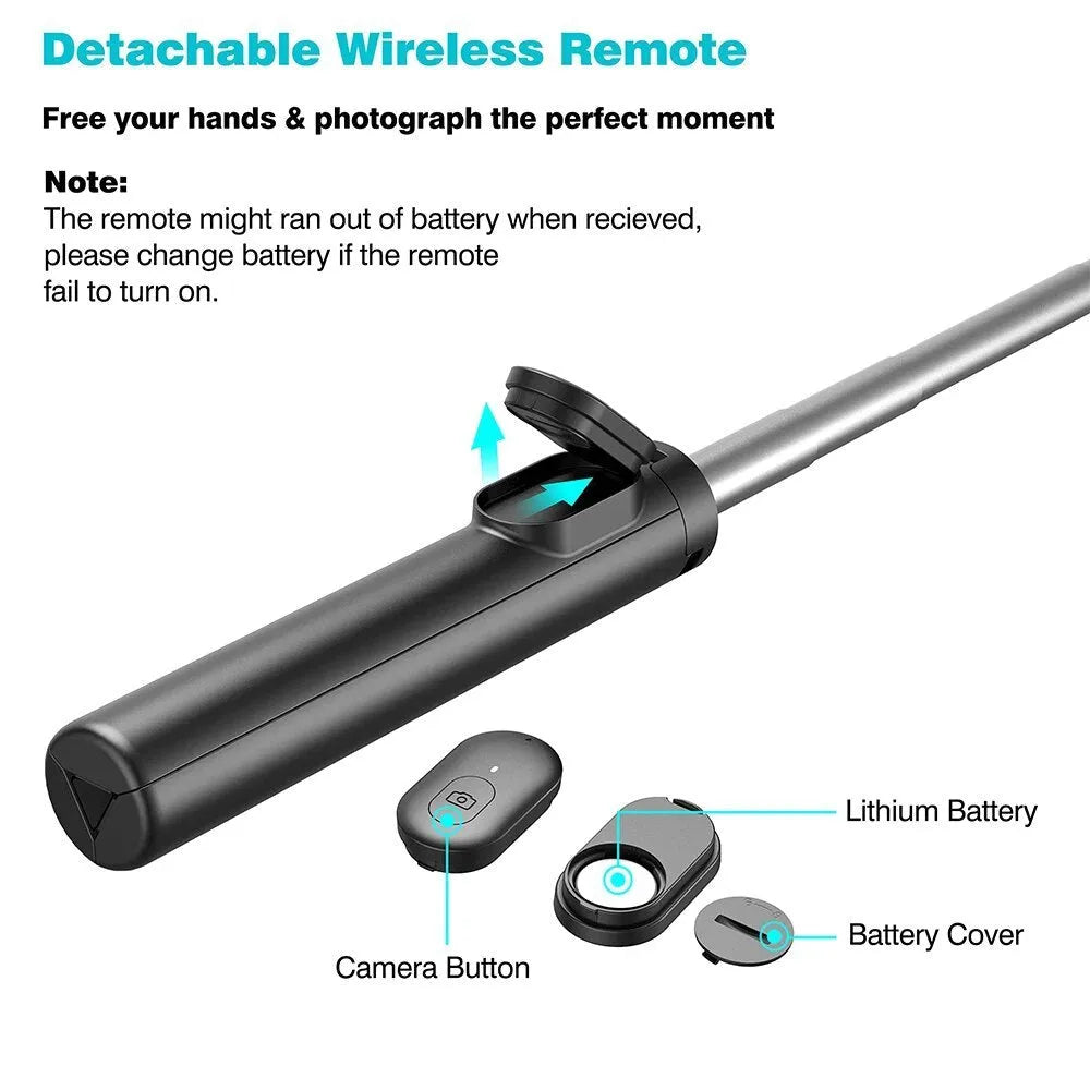 Black extendable selfie stick tripod with wireless remote and phone holder