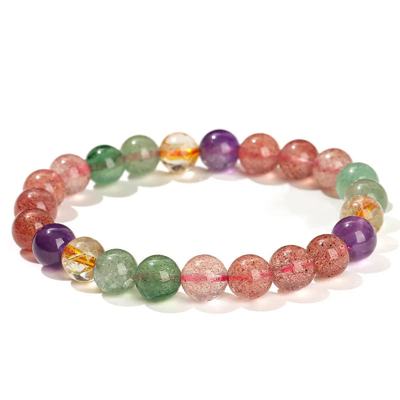 Women's strawberry quartz bracelet with tourmaline colour in round 7mm, 8mm, and 9mm bead sizes.