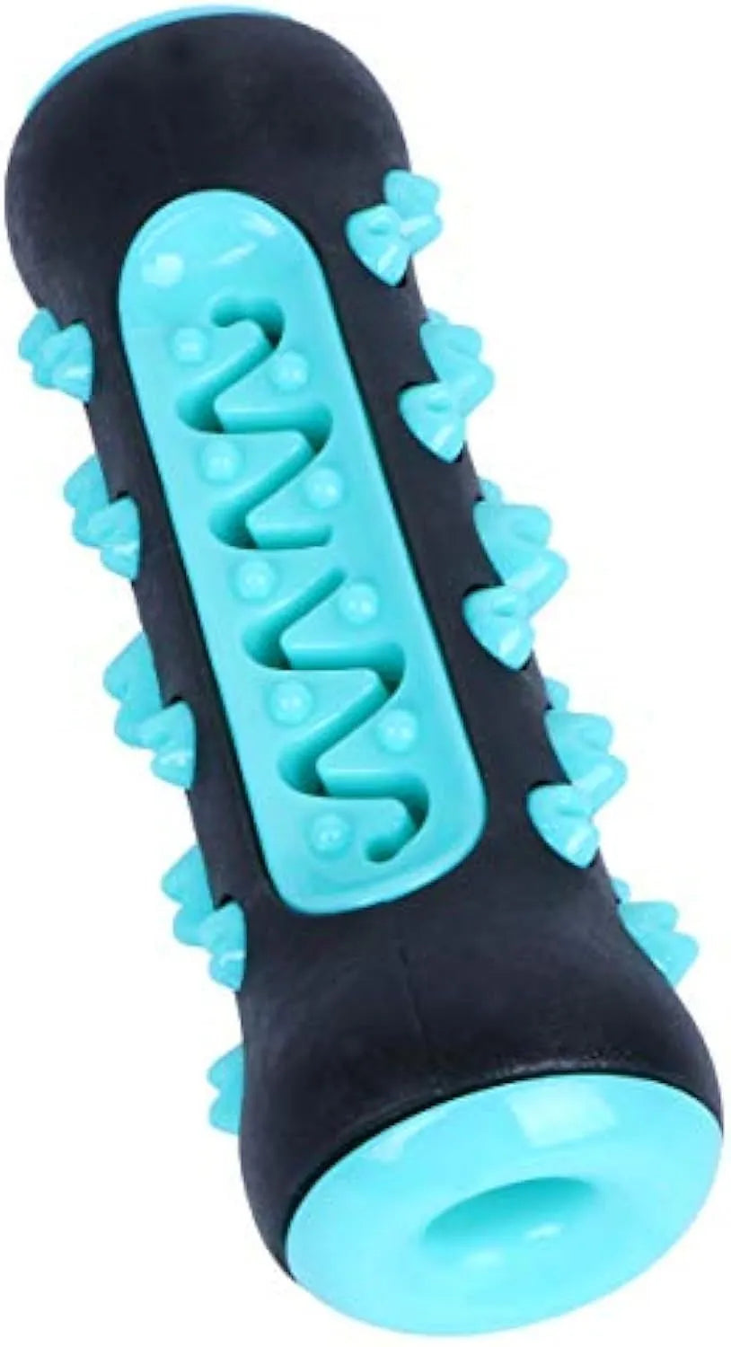 Natural rubber dog dental chew toy with cleaning nubs in blue, green, yellow, and black blue.