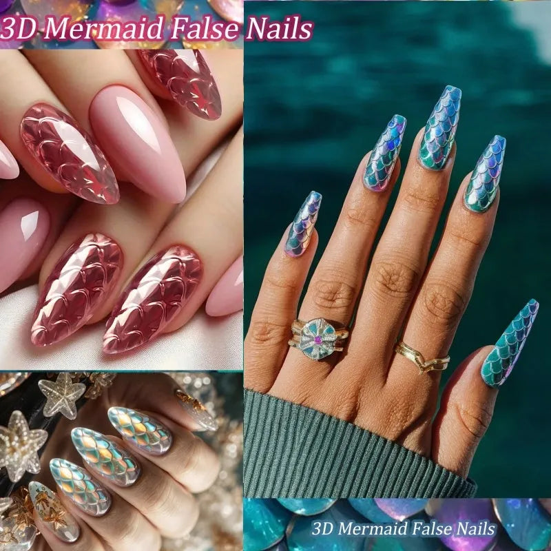 Box of 3D scale long shaping artificial nail tips for stiletto and coffin nail art designs.