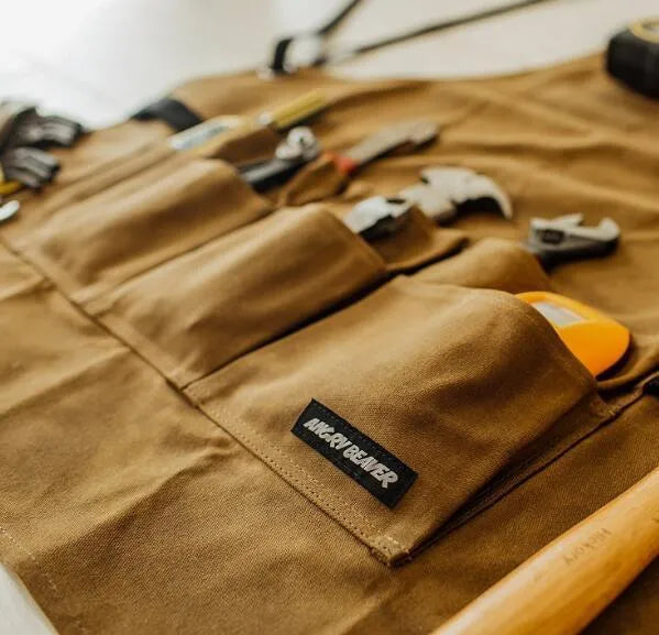 Yellow waxed canvas minimal apron with leather webbing adjustable for men and women