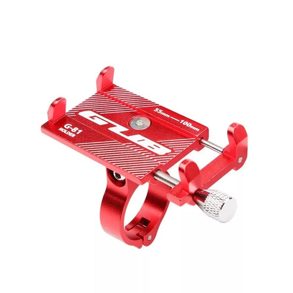 Aluminium bicycle phone holder mounted on a handlebar, showing a smartphone secured in the 360-degree rotating clamp.
