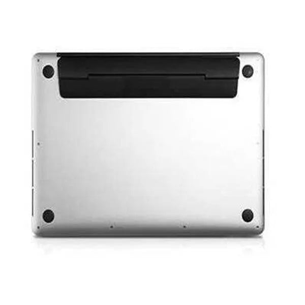 Folding notebook cooling bracket in black on a desk showing raised position for laptop heat dissipation