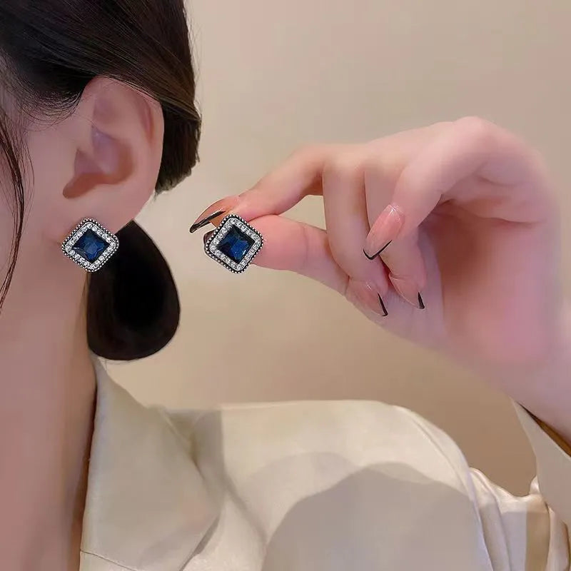 Blue square diamond inlay earrings for women, geometric zinc alloy design, sweet and cool style