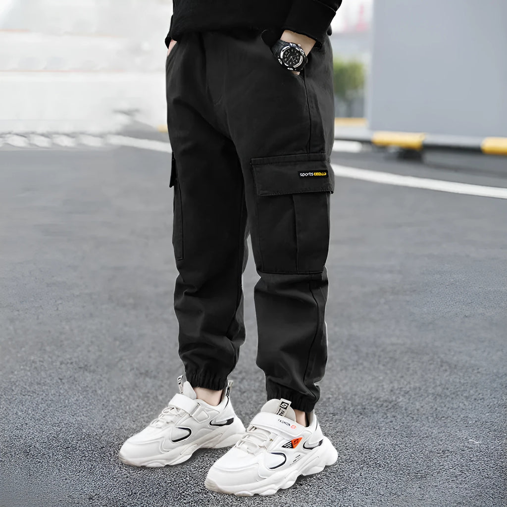 Boys' cotton casual trousers in army green, black or khaki for middle school children aged 8+