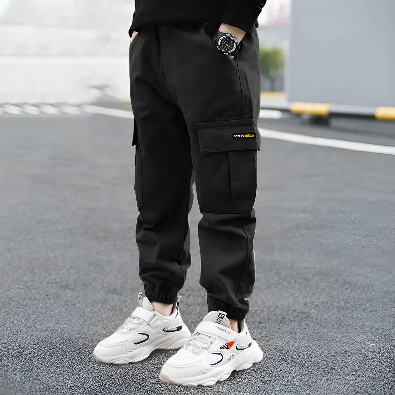 Boys' cotton casual trousers in army green, black or khaki for middle school children aged 8+
