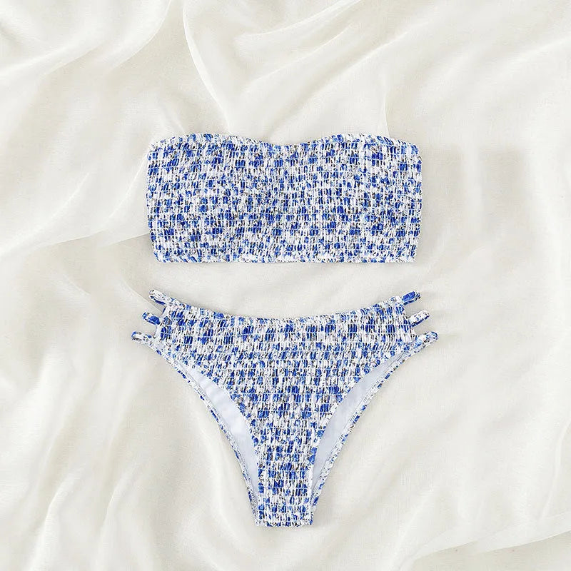 Women's strapless floral print swimsuit with high waist briefs and beauty back design.