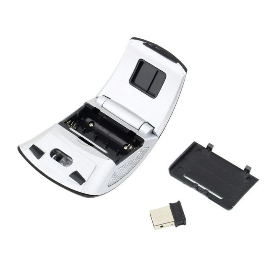 Black wireless foldable mouse with nano receiver and 2.4GHz connectivity, 1600CPI optical sensor, compact size 8.5x6x3.5 cm