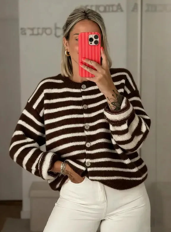 Women's long sleeve striped colour block cardigan in pink, white and black colours, cotton polyester fabric