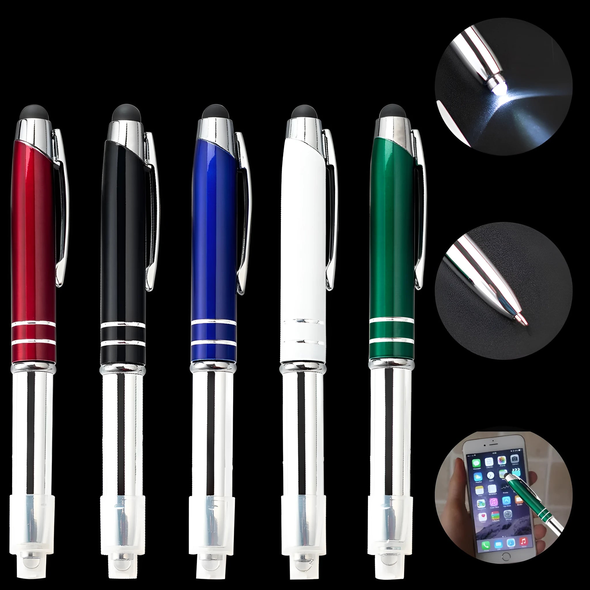 Metal multifunctional pen with capacitive stylus tip, LED light, and five colour options