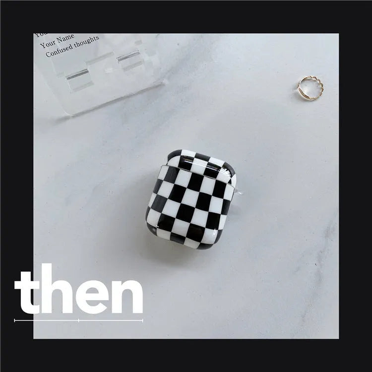 Black and green checkerboard pattern TPU case for Apple AirPods with optional pendant attachments