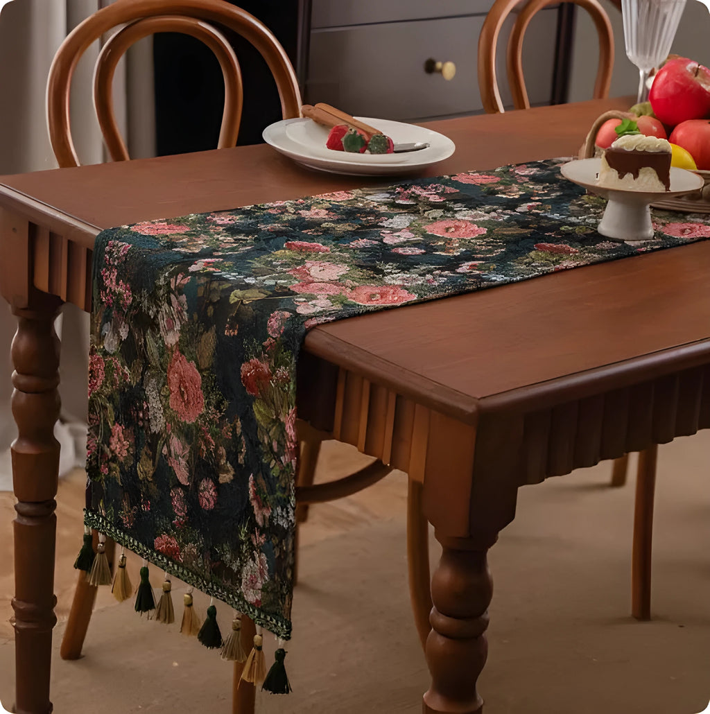 European retro style long table flag with handwoven tassels draped over a wooden sideboard