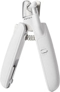 White pet nail clipper with LED light and transparent anti-splash guard on a blue background.