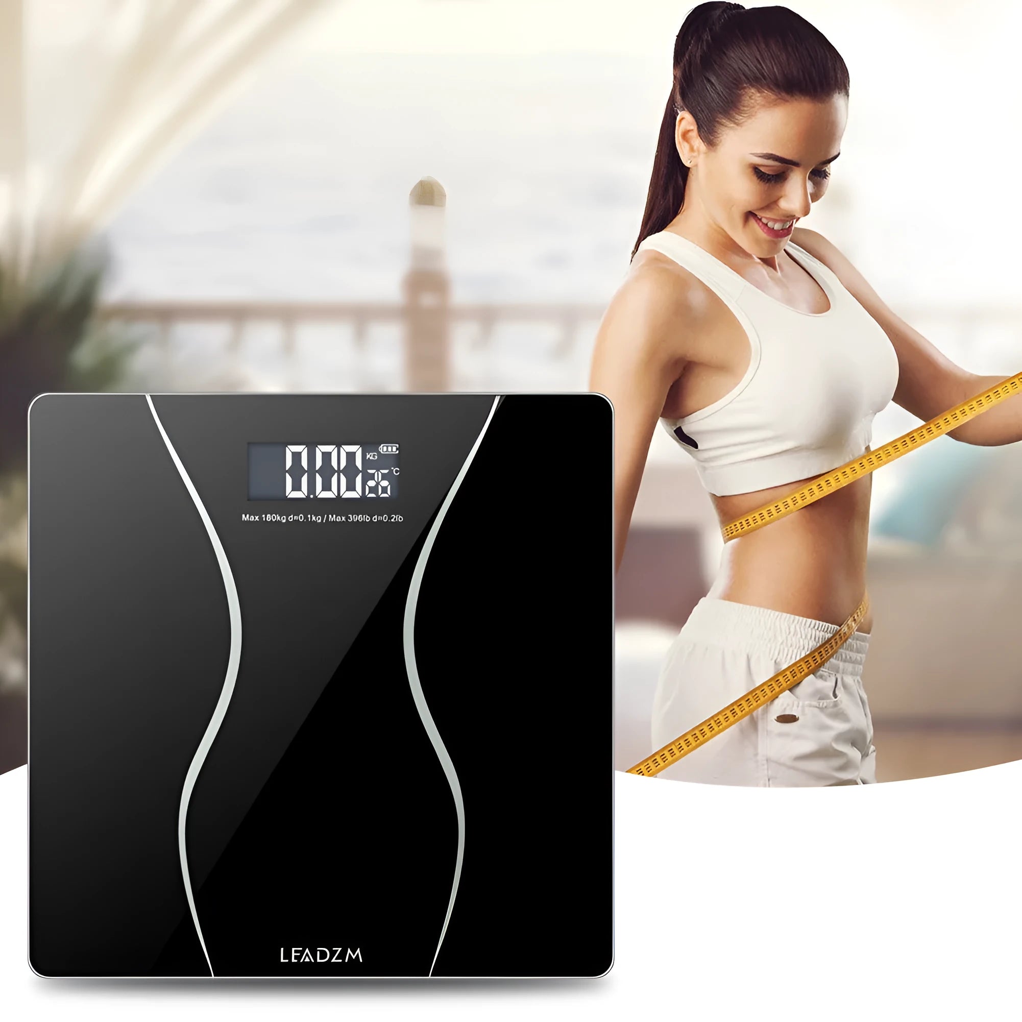 Black electronic body scale with LCD display showing weight measurement up to 180kg