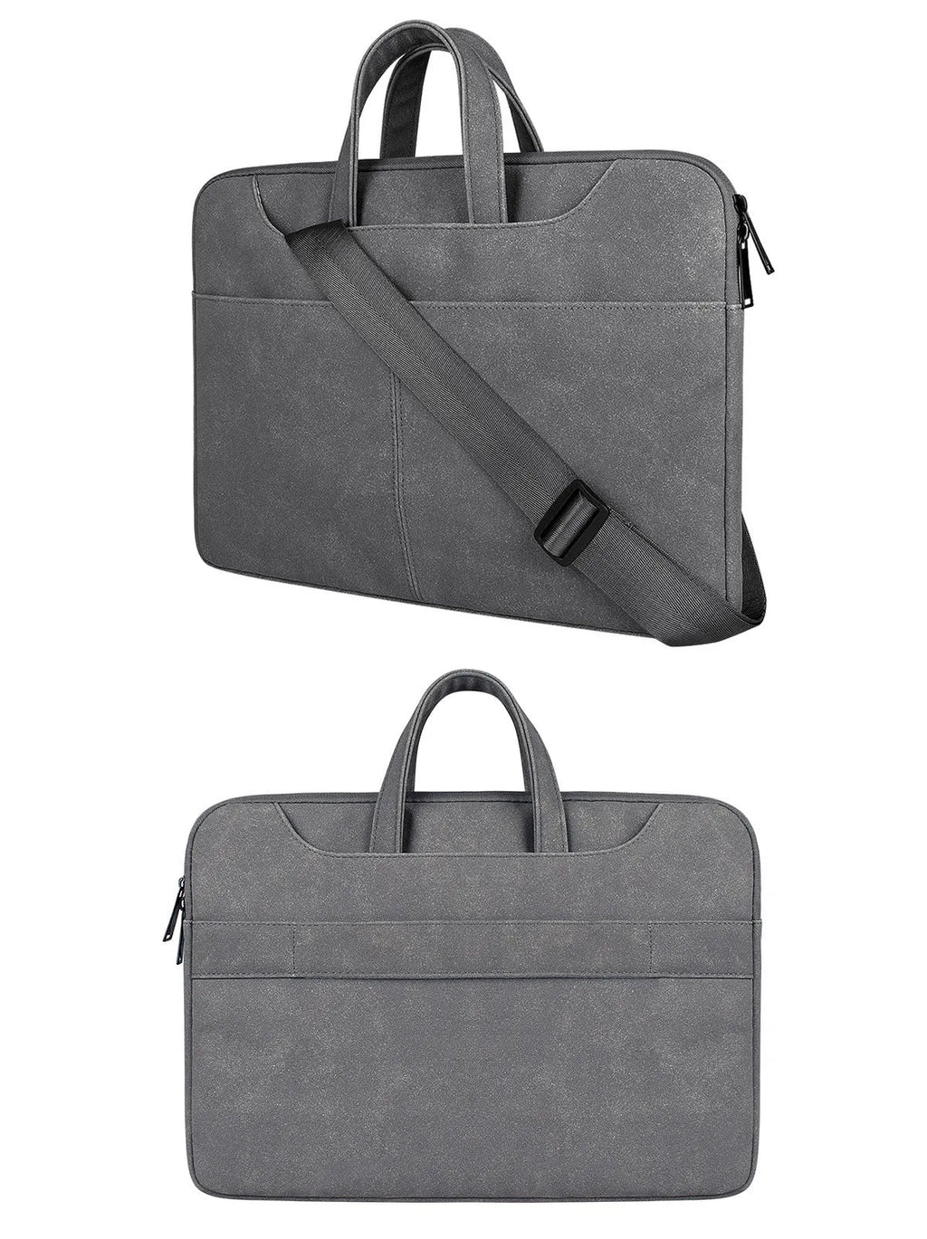 Frosted PU leather laptop bag in light grey with lock, rain cover, and multiple pockets for 15.6in devices