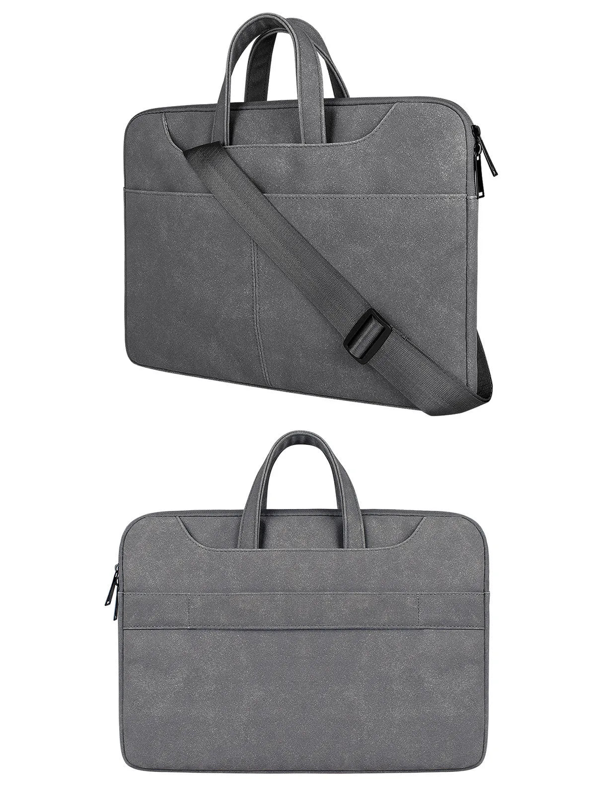 Frosted PU leather laptop bag in light grey with lock, rain cover, and multiple pockets for 15.6in devices