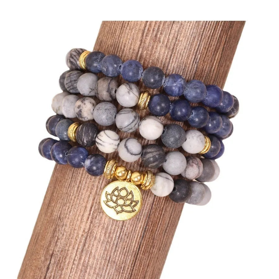 Blue patterned network stone bead multi layer bracelet with alloy construction