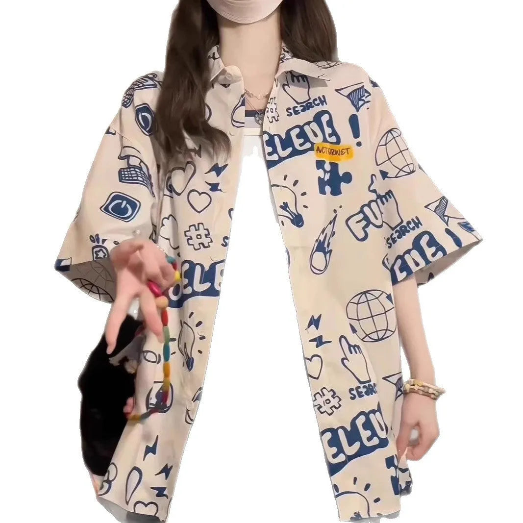 Student loose fit polyester shirt with cartoon animation print in dark blue video game graffiti design
