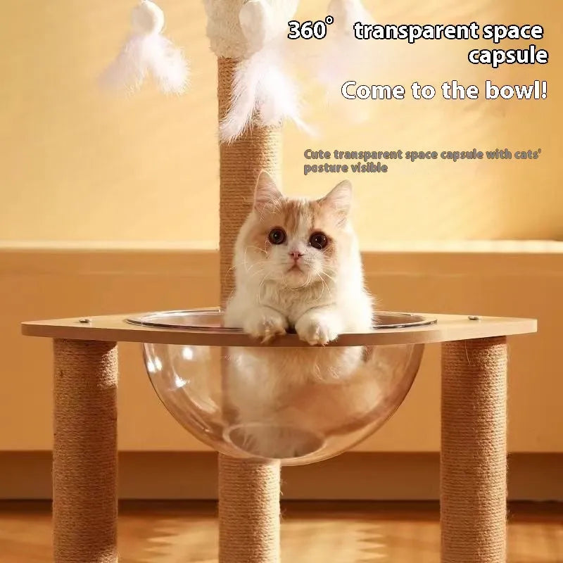 Wood colour cat climbing frame with integrated space capsule in luxury style