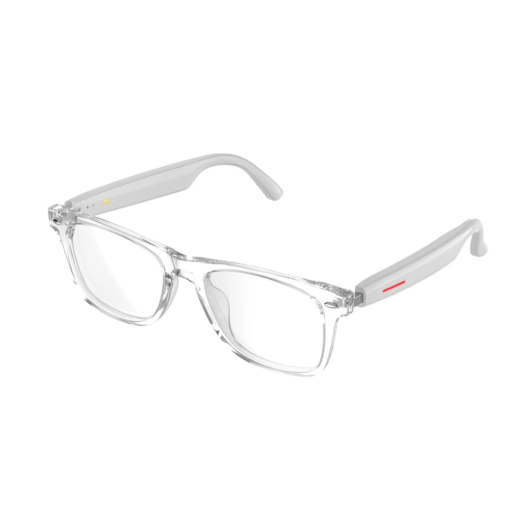 White transparent Bluetooth blue light blocking glasses with touch controls and PC frame