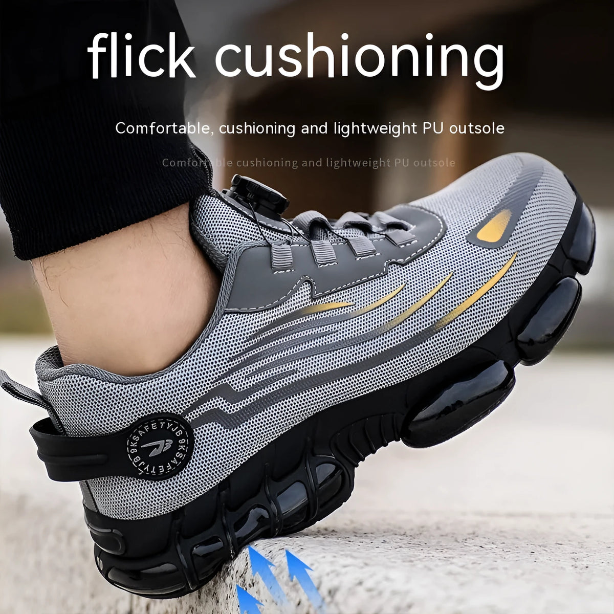 Men's lace-free safety shoes with steel toe cap, fly woven mesh upper, PU sole, low top, in black, blue, or grey
