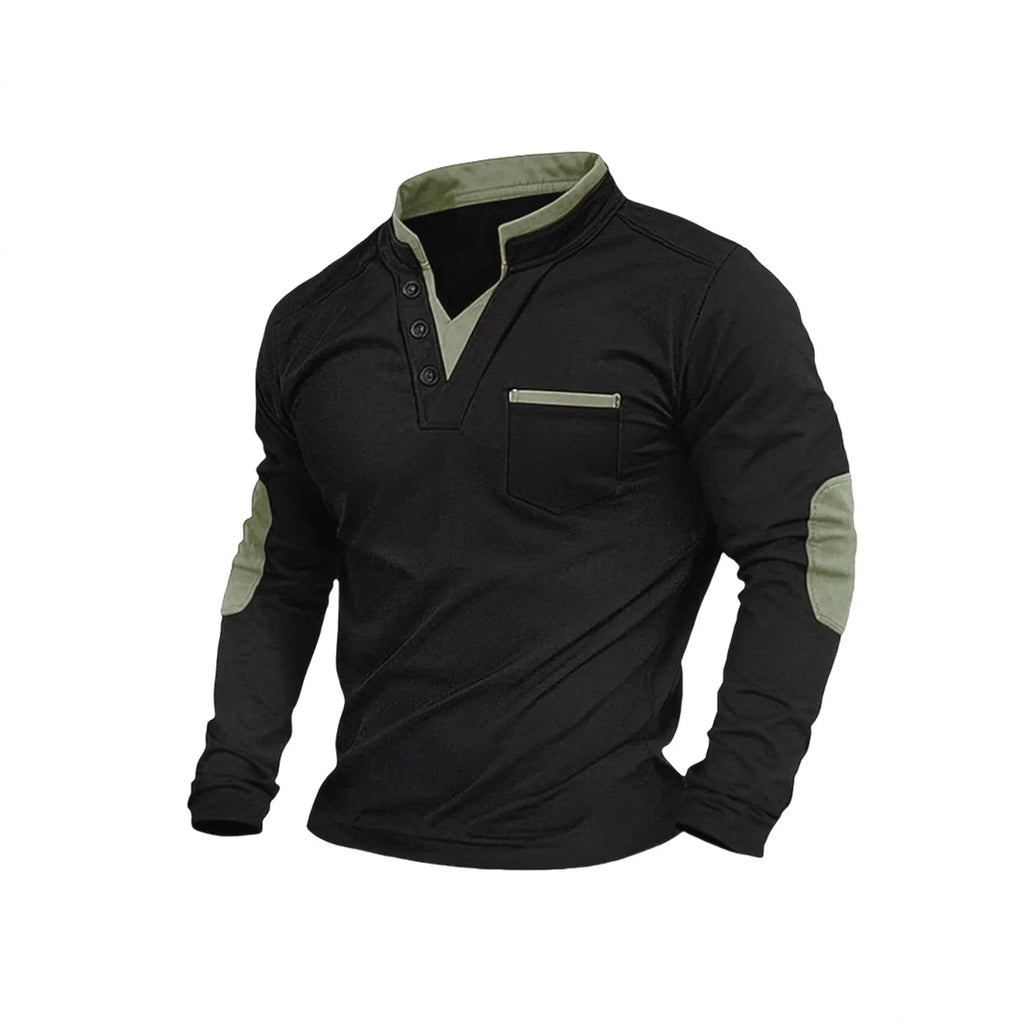 Men's stand collar long-sleeved stitching pullover sweater in solid colour chemical fibre blend