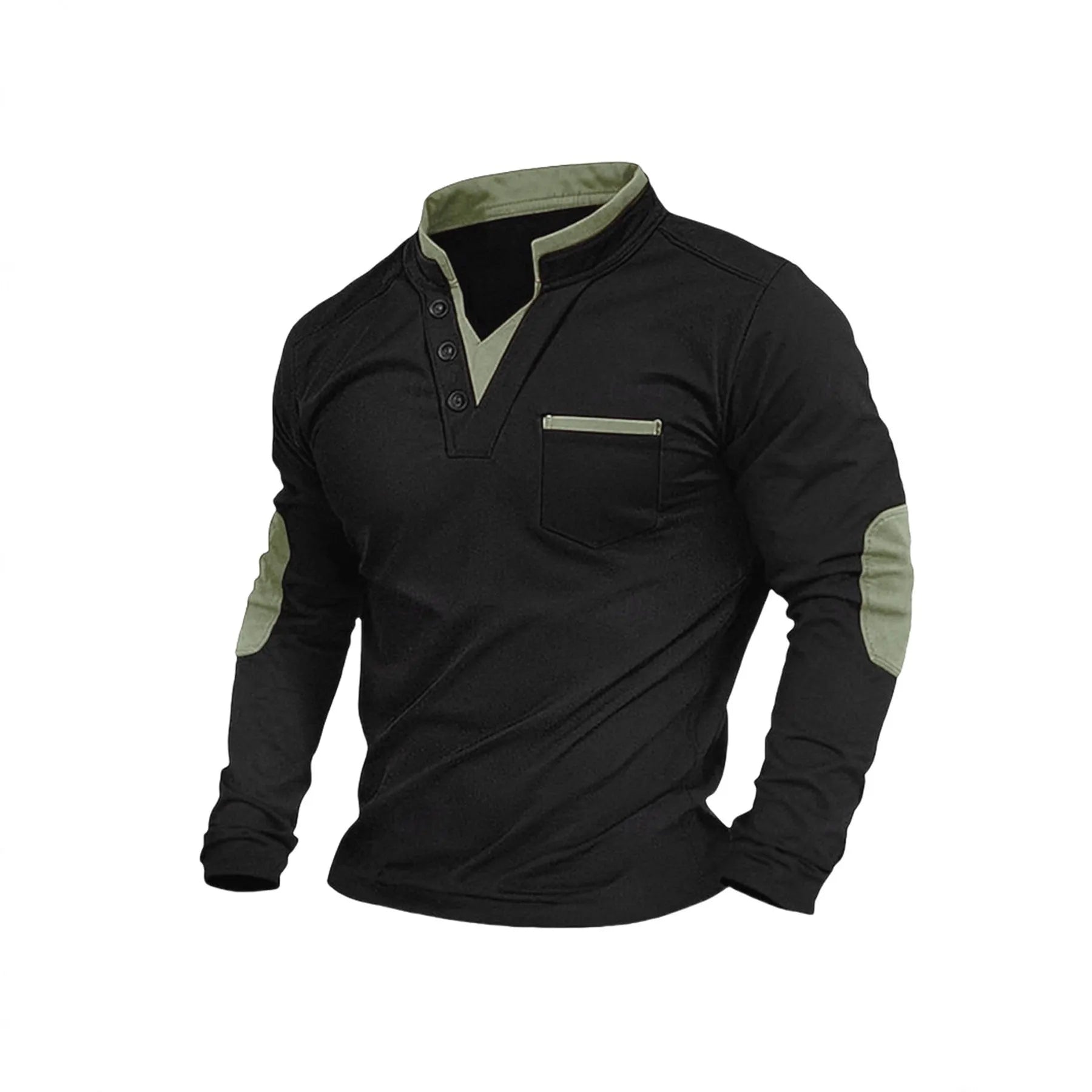 Men's stand collar long-sleeved stitching pullover sweater in solid colour chemical fibre blend