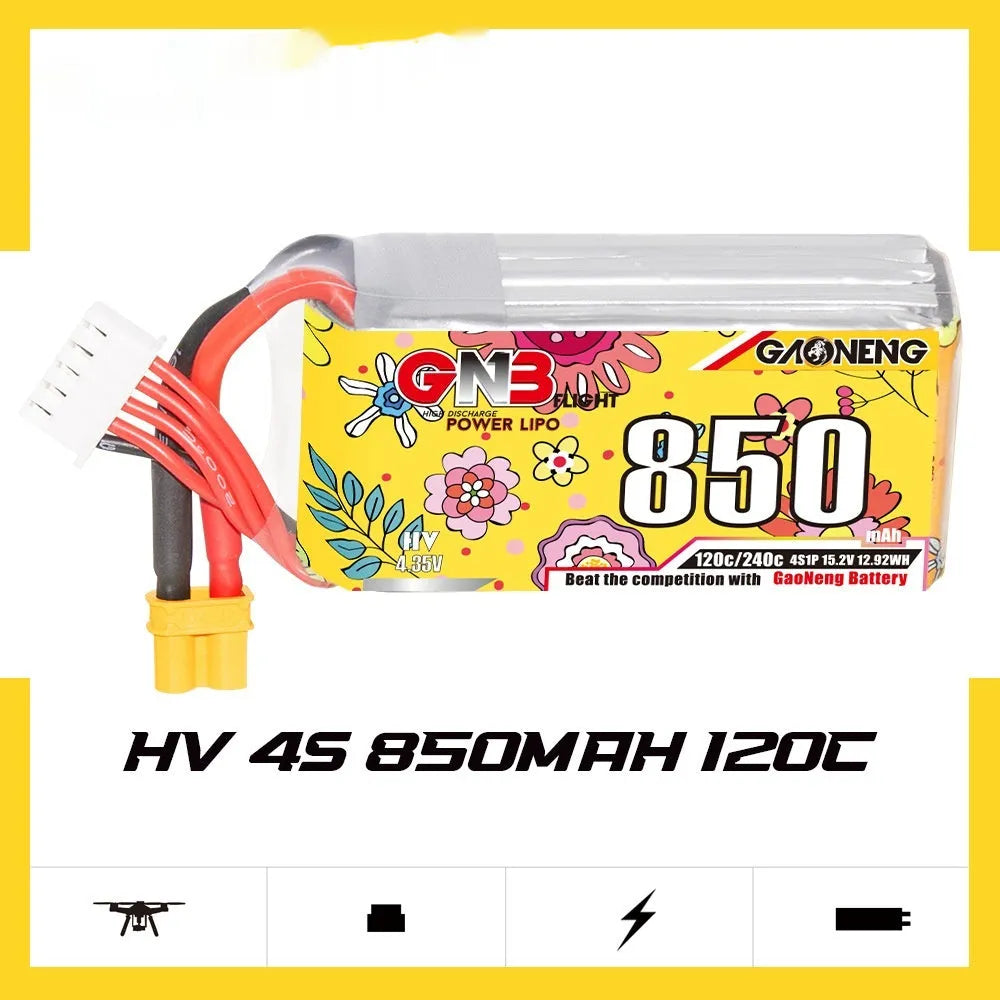 GNB 850mAh 4S 15.2V 120C LiPo battery with XT30 and XT60 plug options for RC models