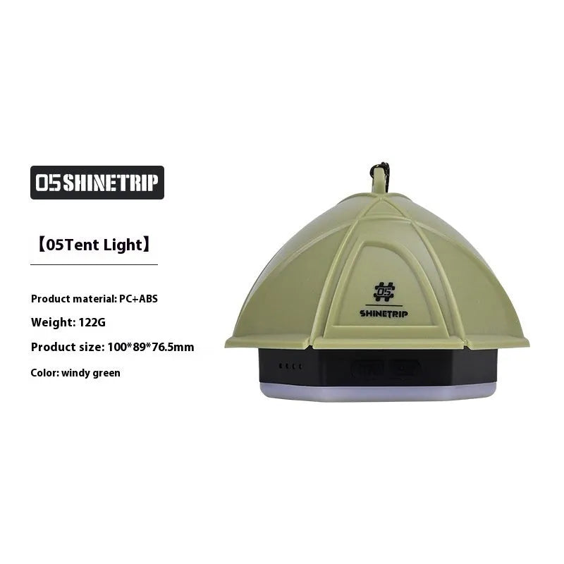 Analog adjustable camping tent light in dark green colour showing brightness control dial