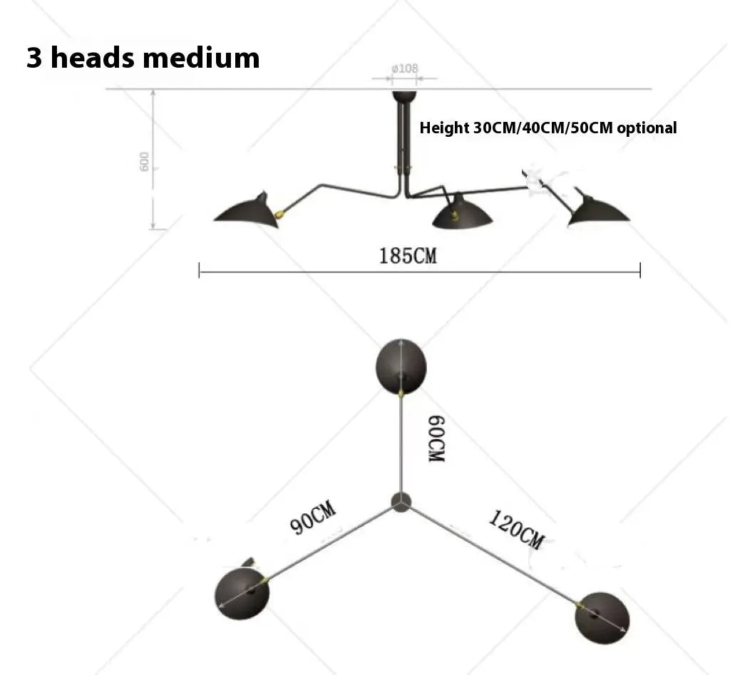 Nordic creative ceiling lamp with adjustable chain 3 heads 165CM for bedroom living room dining room