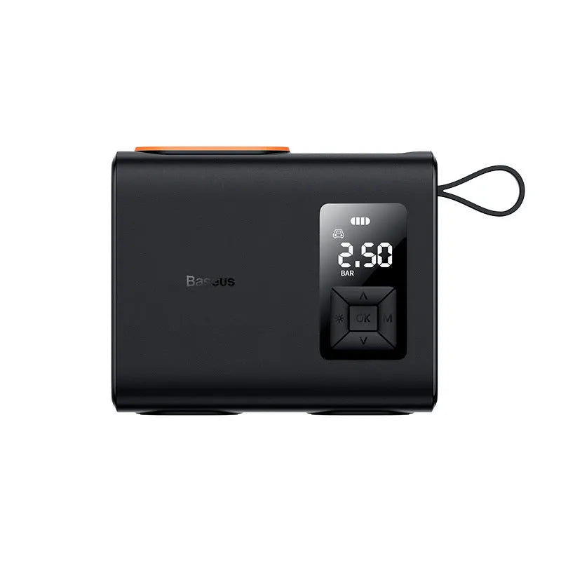 Black portable wireless car tyre inflator with digital display and air hose